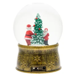 Sfera in vetro base brunita, Albero di Natale con Babbo Natale e sacco regali, led bianco caldo