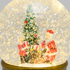 Sfera in vetro base brunita, Albero di Natale con Babbo Natale e sacco regali, led bianco caldo
