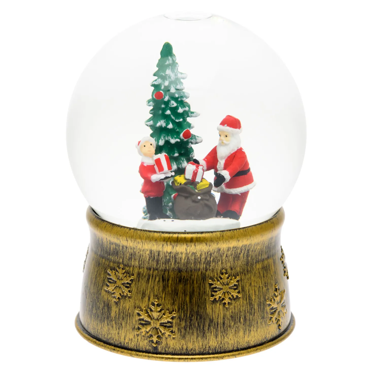 Sfera in vetro base brunita, Albero di Natale con Babbo Natale e sacco regali, led bianco caldo