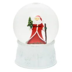 Sfera in vetro con base bianca a batteria con nevicata e Babbo Natale, h. 17 cm, led bianco caldo