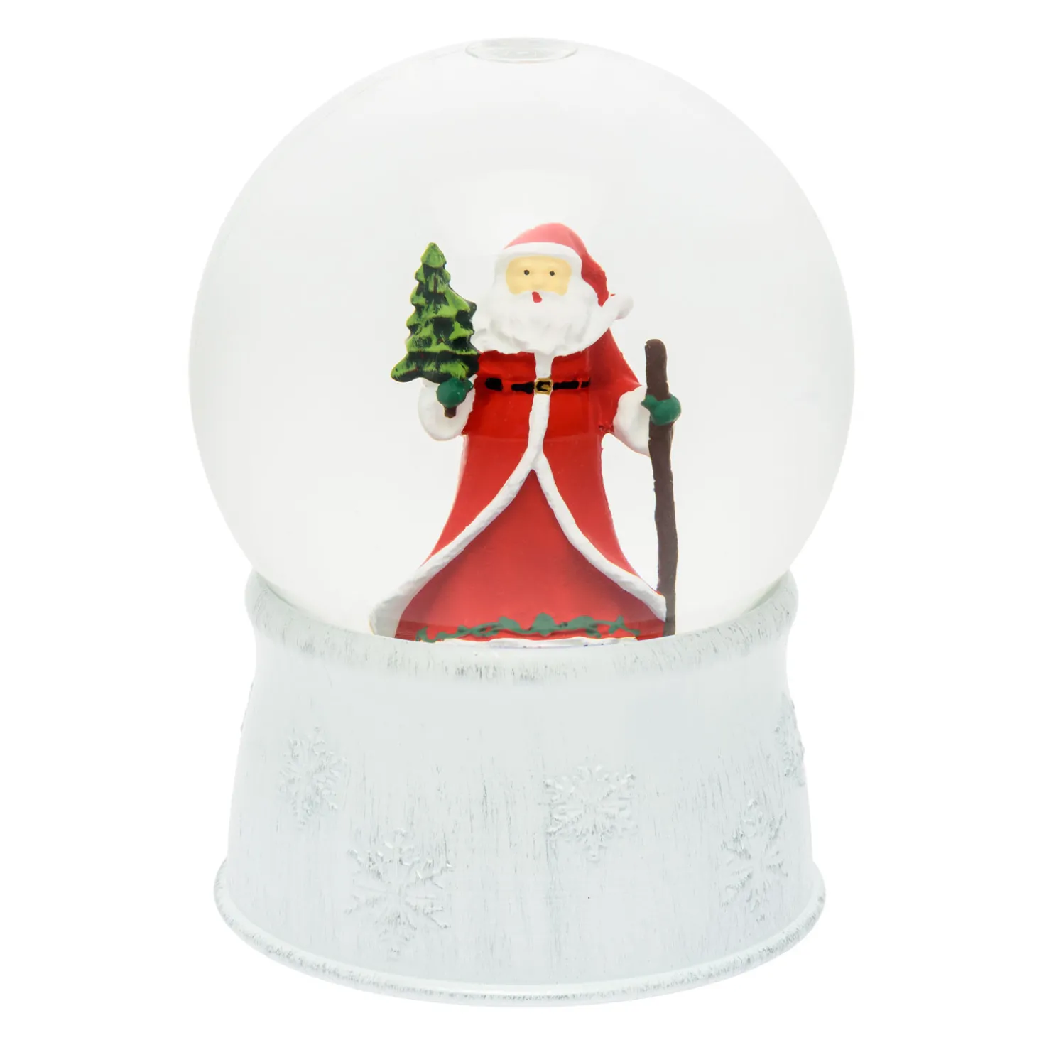 Sfera in vetro con base bianca a batteria con nevicata e Babbo Natale, h. 17 cm, led bianco caldo