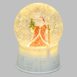 Sfera in vetro con base bianca a batteria con nevicata e Babbo Natale, h. 17 cm, led bianco caldo