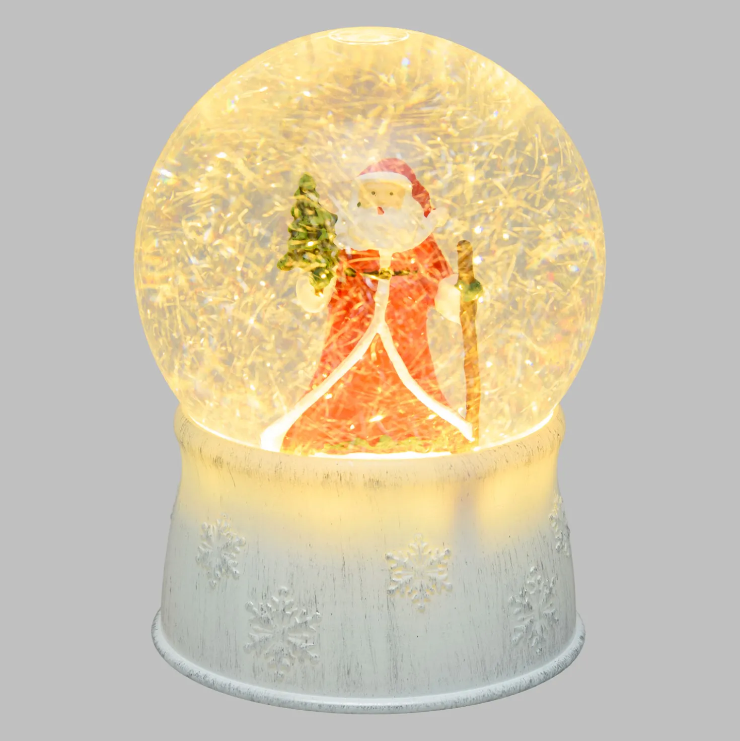 Sfera in vetro con base bianca a batteria con nevicata e Babbo Natale, h. 17 cm, led bianco caldo