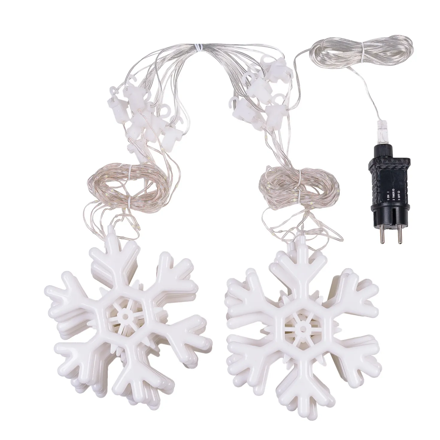 Stalattite con 14 cristalli di neve, 3,25 x h 1,15 m, 420 Gocce di Luce, led bianco freddo, cavo trasparente