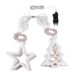 Stalattite con 20 decorazioni stelle e alberi, 4,75 x h 1,15 m, 560 Gocce di Luce, led bianco caldo, cavo trasparente