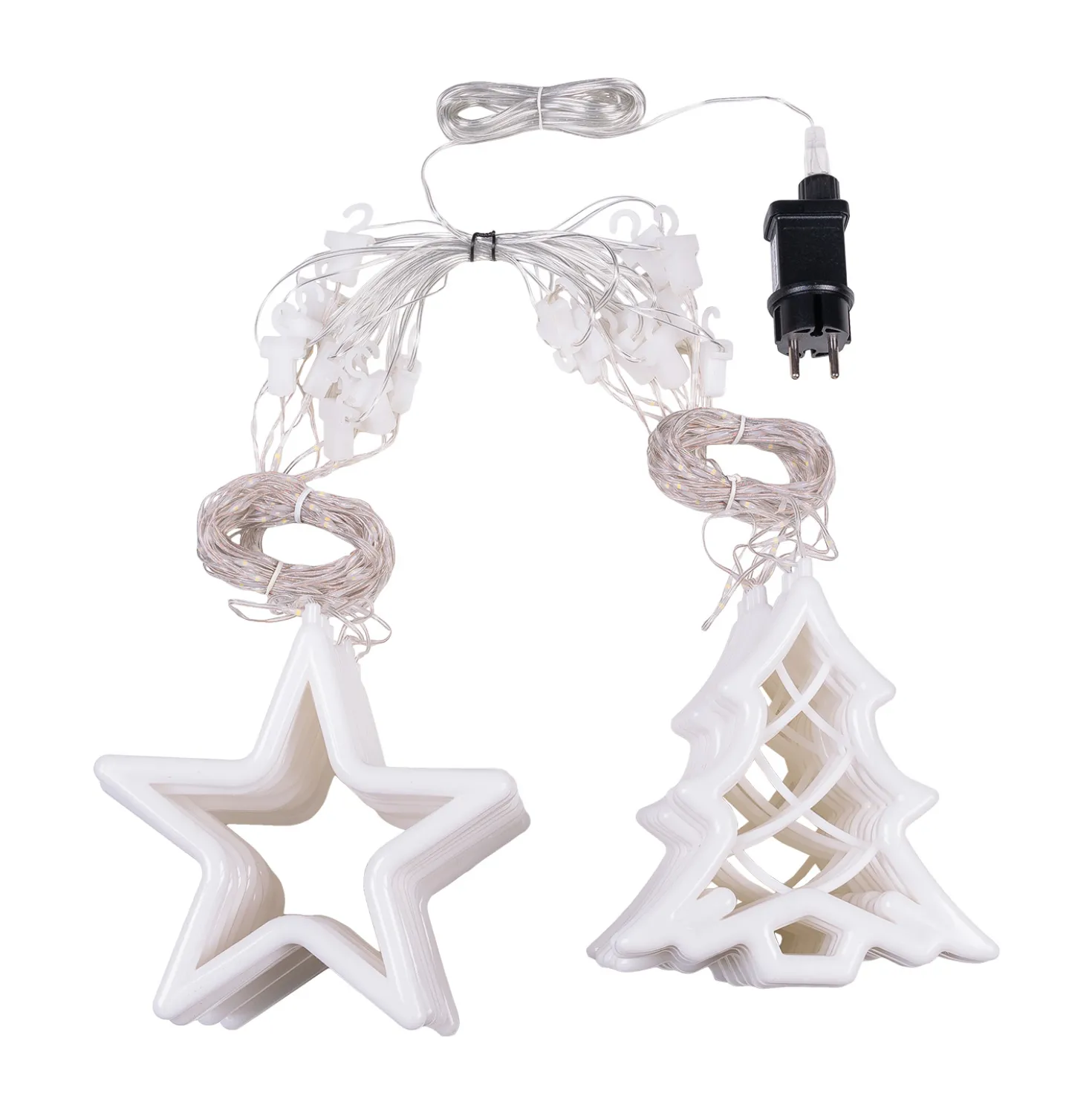 Stalattite con 20 decorazioni stelle e alberi, 4,75 x h 1,15 m, 560 Gocce di Luce, led bianco caldo, cavo trasparente