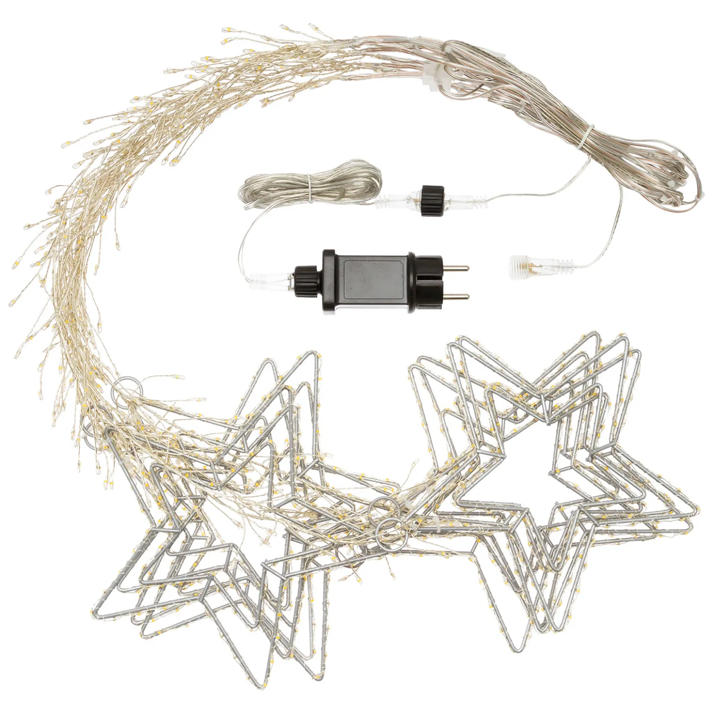 Stalattite decorata con stelle 3,2 x h 0,8 m, 950 microled bianco caldo