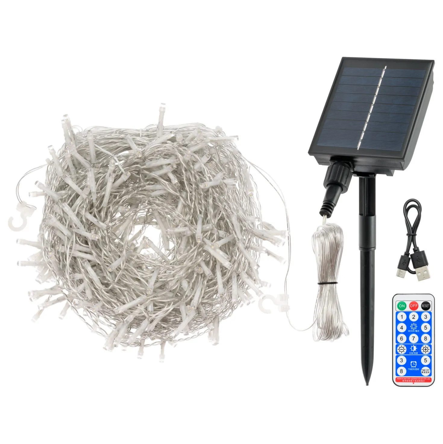 Stalattite solare 5,2 x h 1,1 m, 360 led bianco caldo, Power Bank con ricarica USB