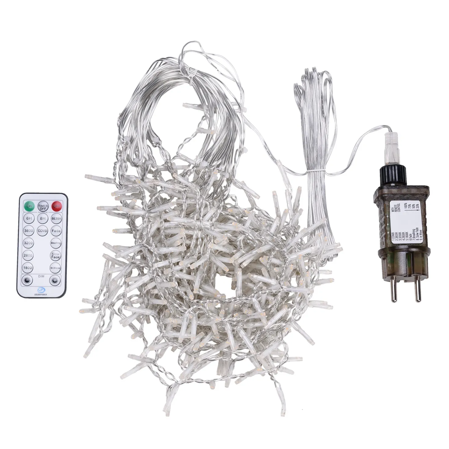 Stalattite 3,4 x h 0,8 m, 384 miniled bianco caldo e bianco extra caldo, cavo trasparente