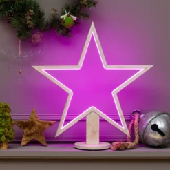 Stella con base in legno sbiancato, 55 cm, led RGB e Bianco Caldo, uso interno