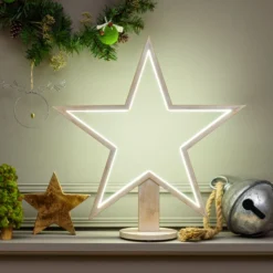 Stella con base in legno sbiancato, 55 cm, led RGB e Bianco Caldo, uso interno