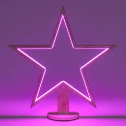 Stella con base in legno sbiancato, 55 cm, led RGB e Bianco Caldo, uso interno