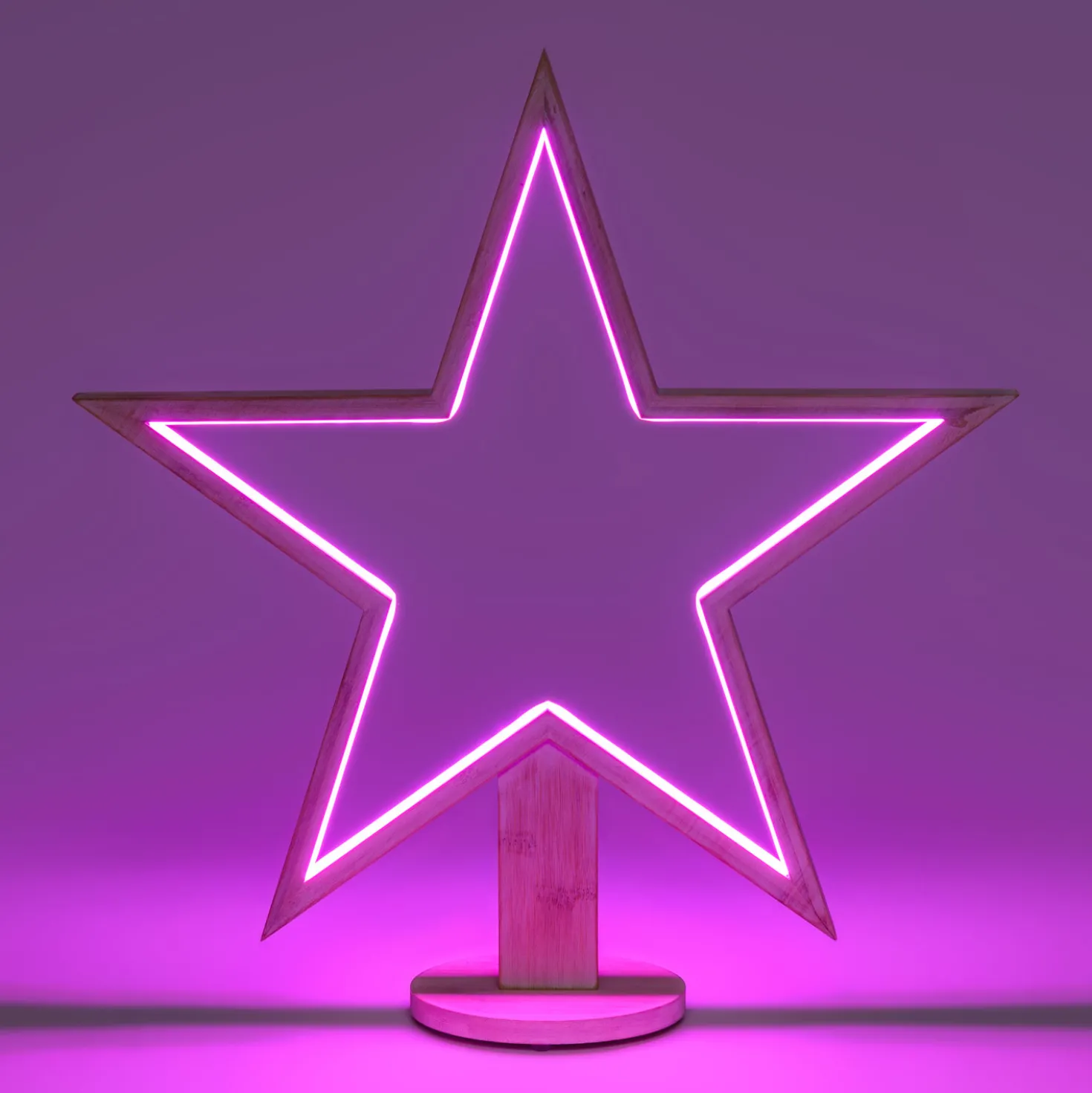 Stella con base in legno sbiancato, 55 cm, led RGB e Bianco Caldo, uso interno