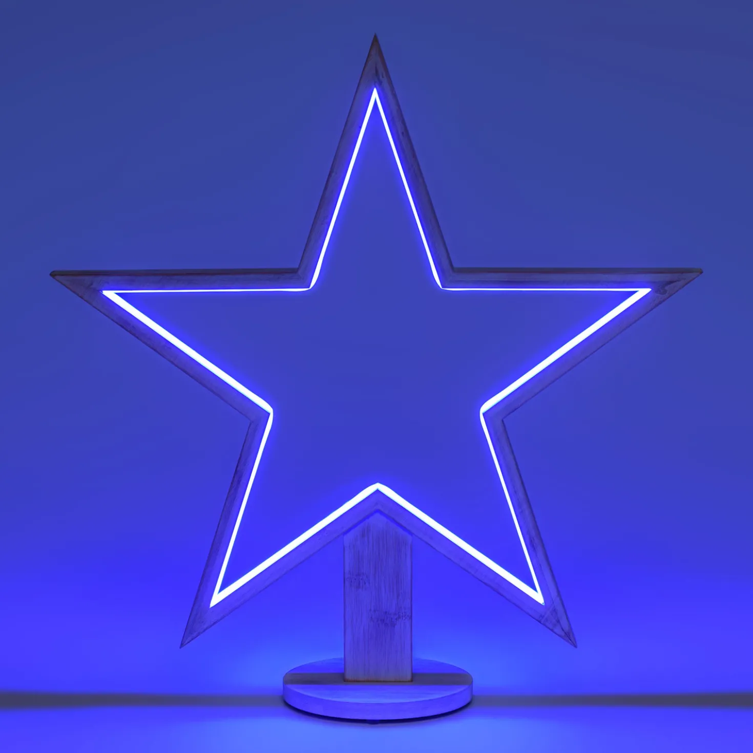 Stella con base in legno sbiancato, 55 cm, led RGB e Bianco Caldo, uso interno