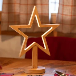 Stella in legno naturale con base, 37 cm, led bianco caldo, uso interno