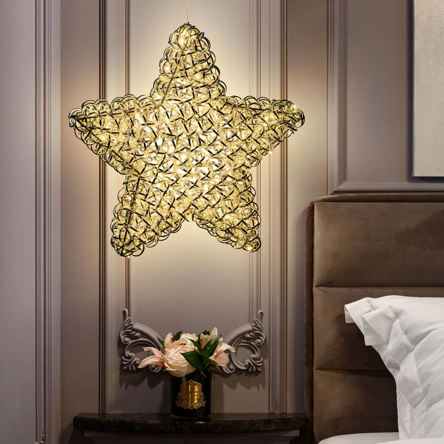 Stella luminosa in alluminio argento Ø 60 cm, 100 led bianco caldo