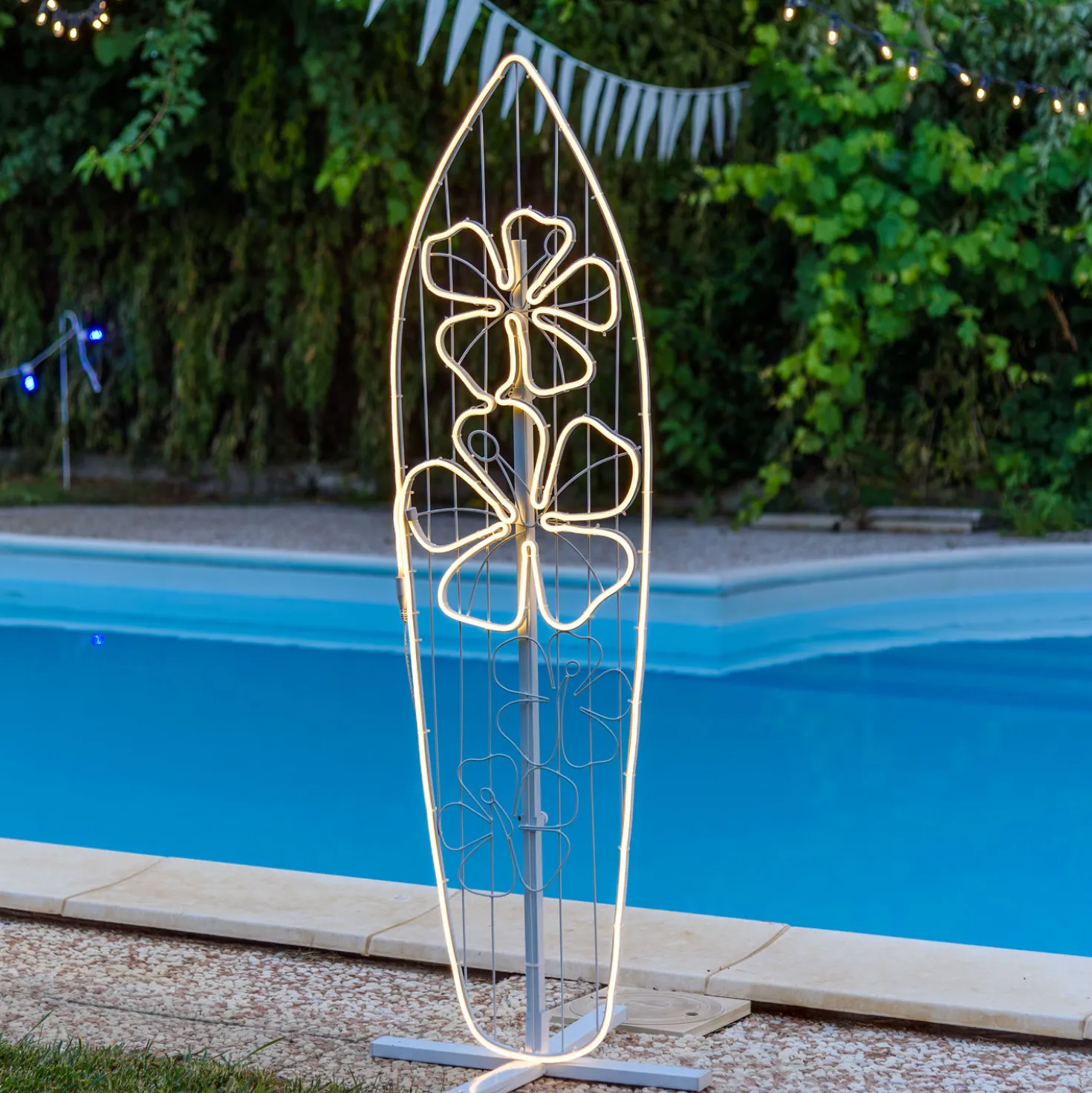 Tavola Surf con fiori in tubo effetto neon, led bianco caldo