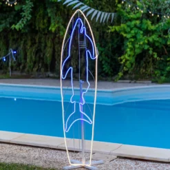 Tavola Surf con squalo in tubo effetto neon, led blu e bianco caldo