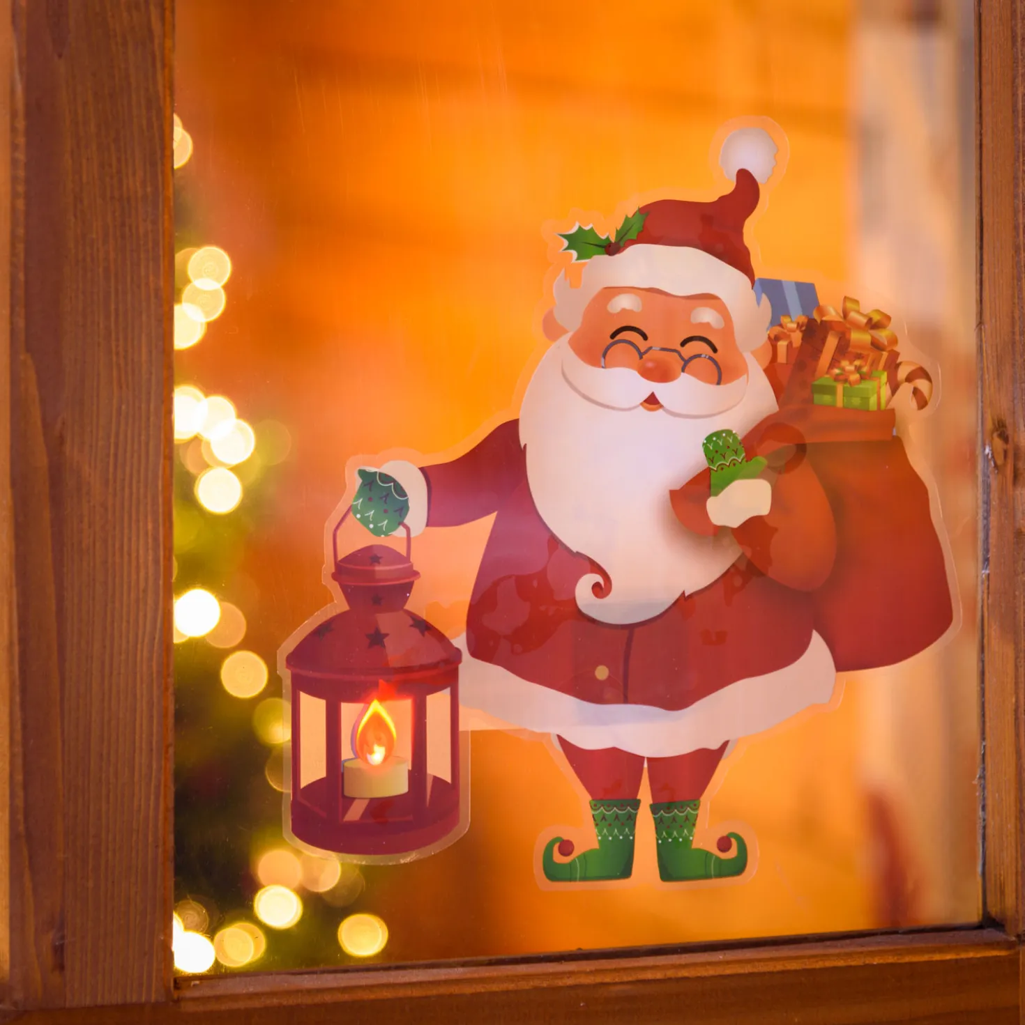 Vetrofania Natalizia a batteria, Babbo Natale con lanterna con timer, 25 cm