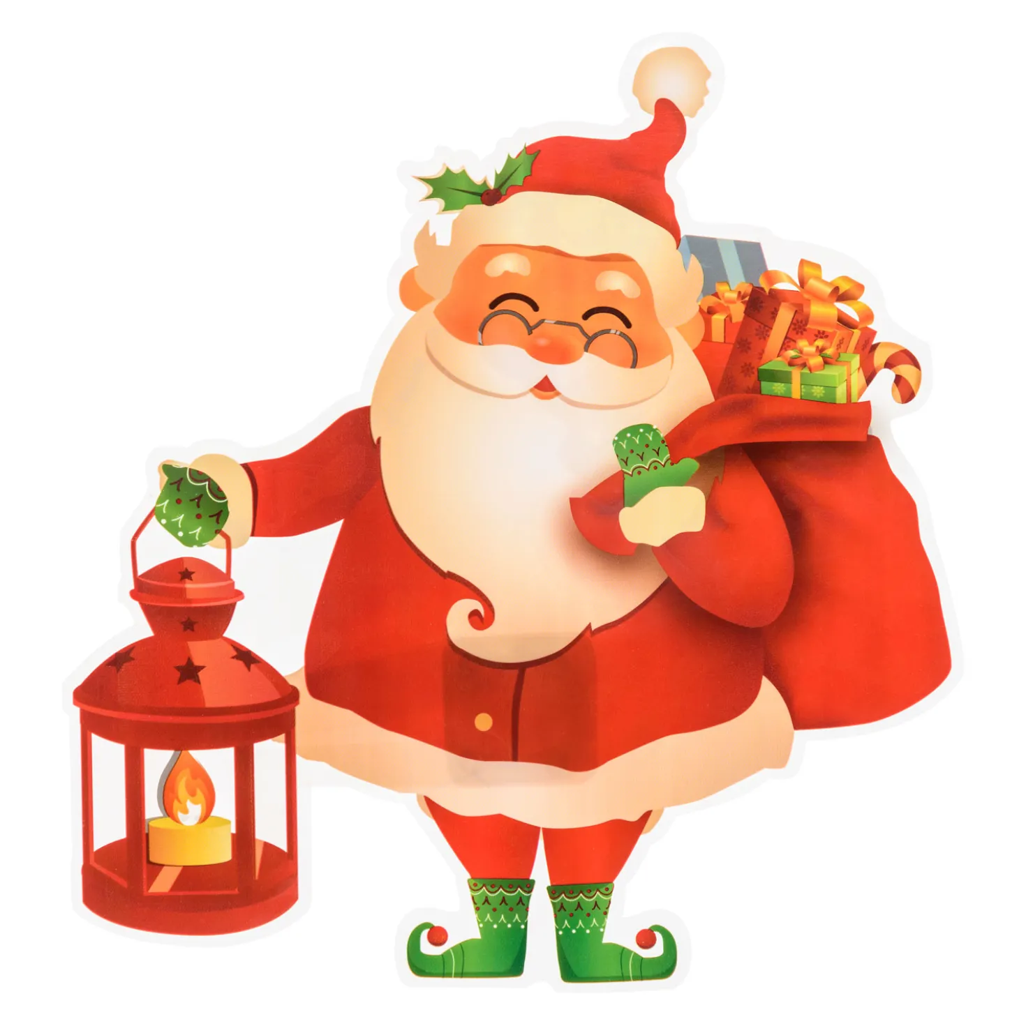 Vetrofania Natalizia a batteria, Babbo Natale con lanterna con timer, 25 cm