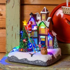 Villaggio di Natale, Albero e Babbo su Scala con Trenino rotante, h 21,5 cm