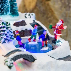 Villaggio di Natale, Albero, Trenino e Pattinatori in movimento, h 25 cm