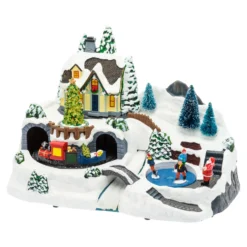 Villaggio di Natale, Albero, Trenino e Pattinatori in movimento, h 25 cm