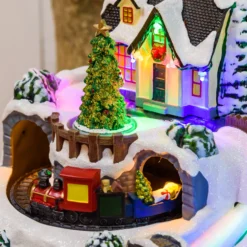 Villaggio di Natale, Albero, Trenino e Pattinatori in movimento, h 25 cm