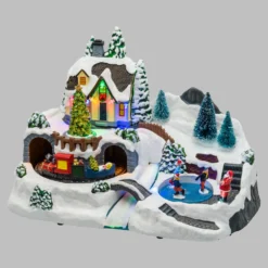 Villaggio di Natale, Albero, Trenino e Pattinatori in movimento, h 25 cm