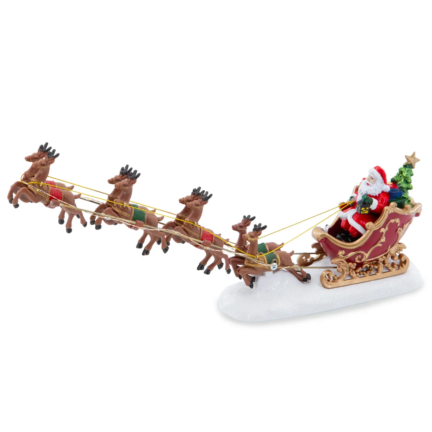 Villaggio di Natale, Babbo Natale su slitta e renne volanti, h 16 cm, led bianco caldo