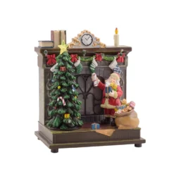 Villaggio di Natale, Caminetto effetto Fiamma con Albero rotante, h 20 cm, musiche natalizie
