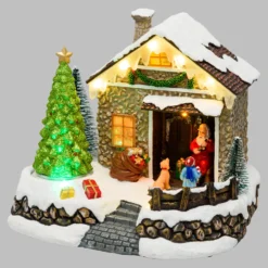 Villaggio di Natale, Casa di Babbo Natale con Albero di Natale rotante, h 17 cm, musiche natalizie