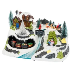 Villaggio di Natale con Paesaggio Innevato, Trenino e Babbo su Slitta rotanti, Ruscello fibre ottiche, h 18 cm, musiche natalizie
