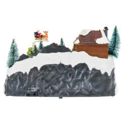 Villaggio di Natale con Paesaggio Innevato, Trenino e Babbo su Slitta rotanti, Ruscello fibre ottiche, h 18 cm, musiche natalizie