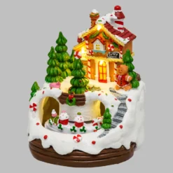 Villaggio di Natale con Paesaggio innevato Casa di Marzapane, Trenino Cake in movimento rotatorio, h 16 cm, musiche natalizie