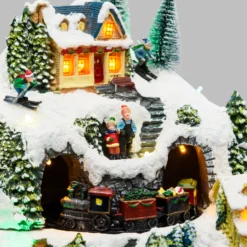 Villaggio di Natale Innevato con Trenino, Albero e Giostra rotanti, h 31 cm, musiche natalizie