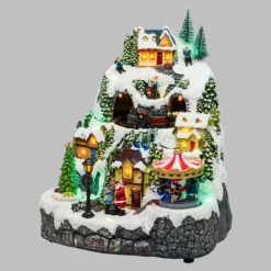 Villaggio di Natale Innevato con Trenino, Albero e Giostra rotanti, h 31 cm, musiche natalizie