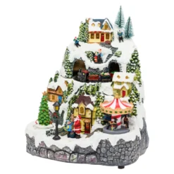 Villaggio di Natale Innevato con Trenino, Albero e Giostra rotanti, h 31 cm, musiche natalizie