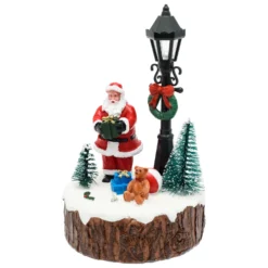 Villaggio di Natale in Poliresina con Babbo, Lampione e Albero, h 15 cm, led multicolor
