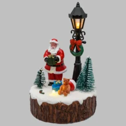 Villaggio di Natale in Poliresina con Babbo, Lampione e Albero, h 15 cm, led multicolor