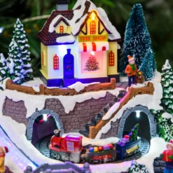 Villaggio di Natale in Poliresina, Trenino in Galleria e Pacchi Regalo rotanti, h 19 cm