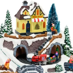 Villaggio di Natale in Poliresina, Trenino in Galleria e Pacchi Regalo rotanti, h 19 cm