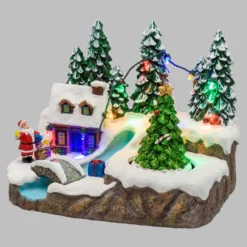 Villaggio di Natale in Poliresina, Ruscello con Ponte e Albero rotante, h 15 cm