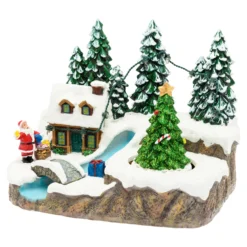 Villaggio di Natale in Poliresina, Ruscello con Ponte e Albero rotante, h 15 cm
