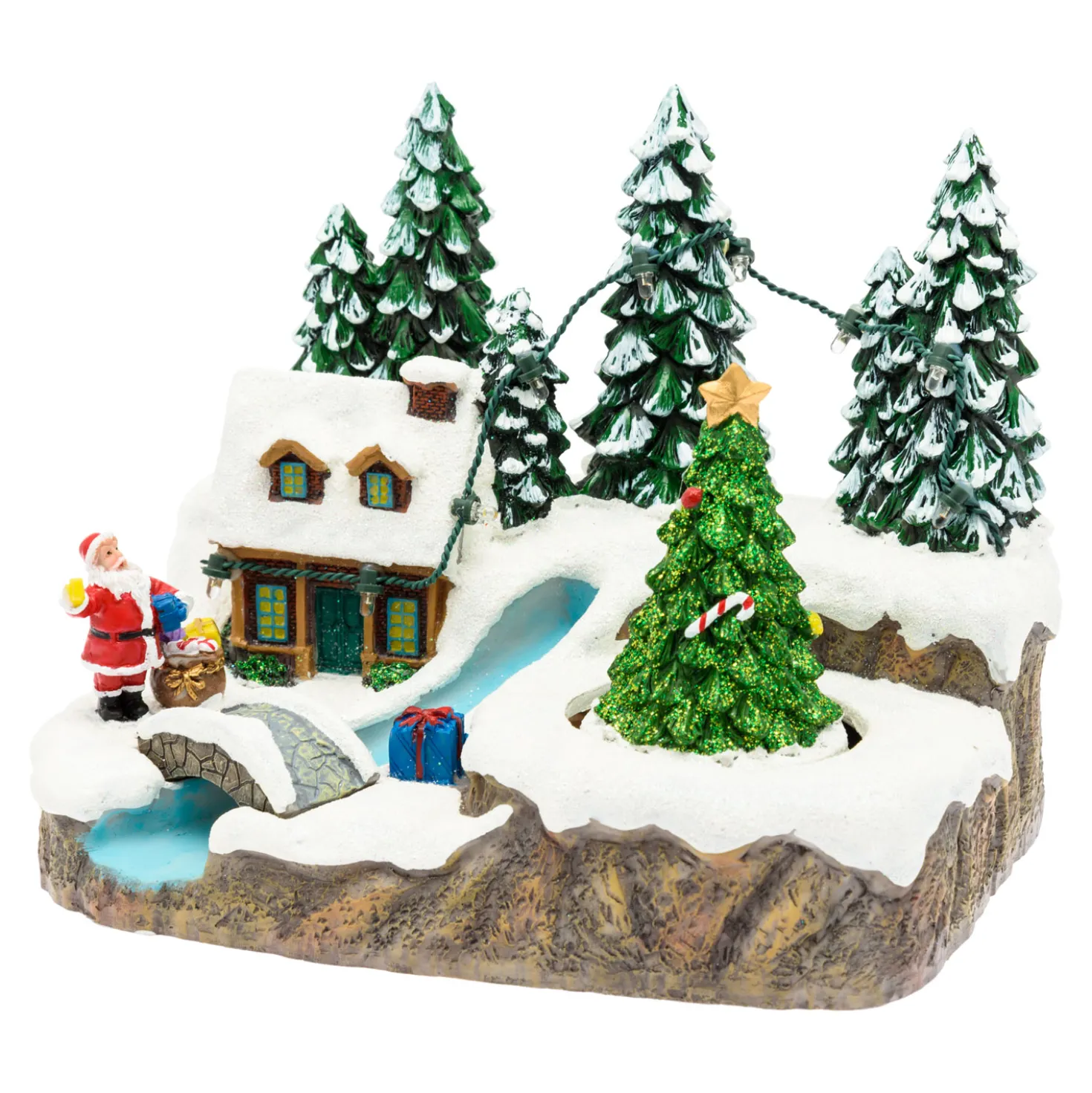 Villaggio di Natale in Poliresina, Ruscello con Ponte e Albero rotante, h 15 cm