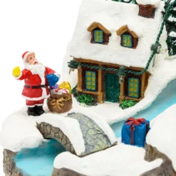 Villaggio di Natale in Poliresina, Ruscello con Ponte e Albero rotante, h 15 cm