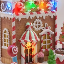 Villaggio di Natale in Poliresina, Casa di Marzapane con Albero rotante, 20 cm, musiche natalizie