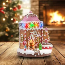 Villaggio di Natale in Poliresina, Casa di Marzapane con Albero rotante, 20 cm, musiche natalizie