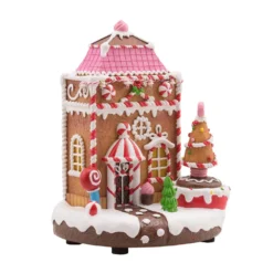Villaggio di Natale in Poliresina, Casa di Marzapane con Albero rotante, 20 cm, musiche natalizie