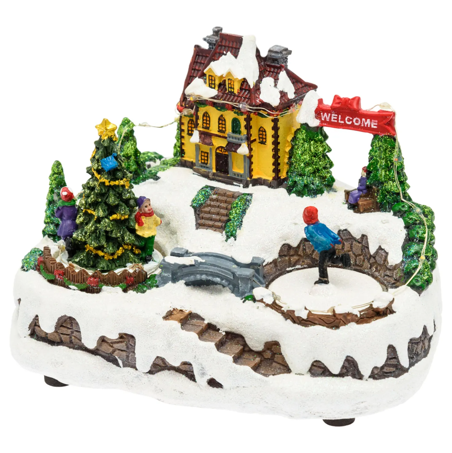 Villaggio di Natale in Polyresina, Pattinatore e Albero Natale con Bambini rotanti, h 15 cm